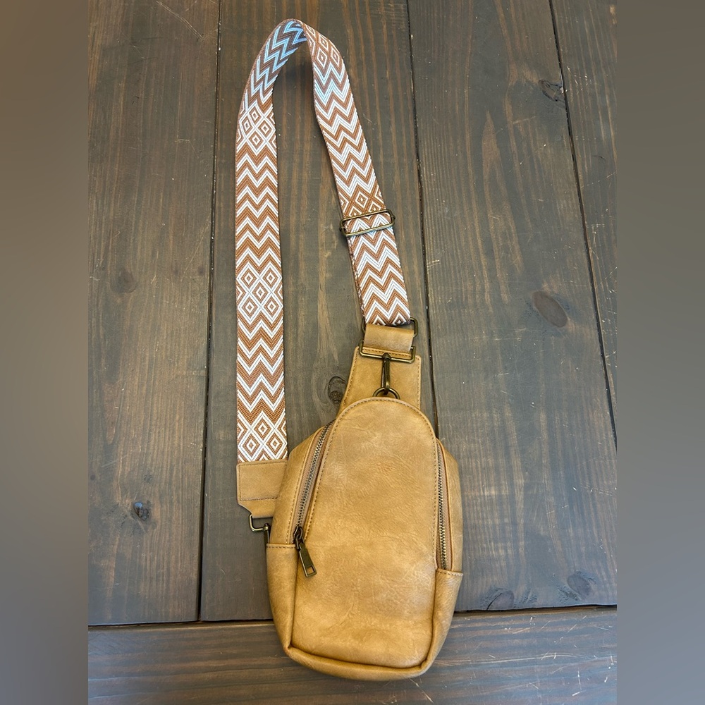 Pink Lily Tan Crossbody Sling Bag with Patterned Strap